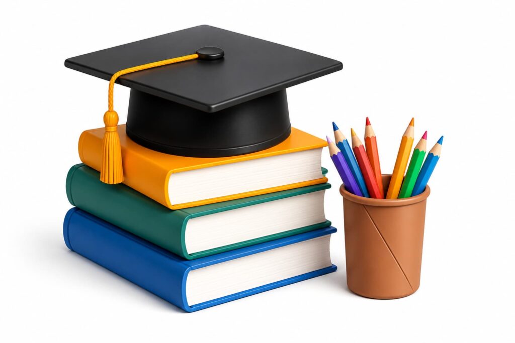 School education books and graduation cap for students